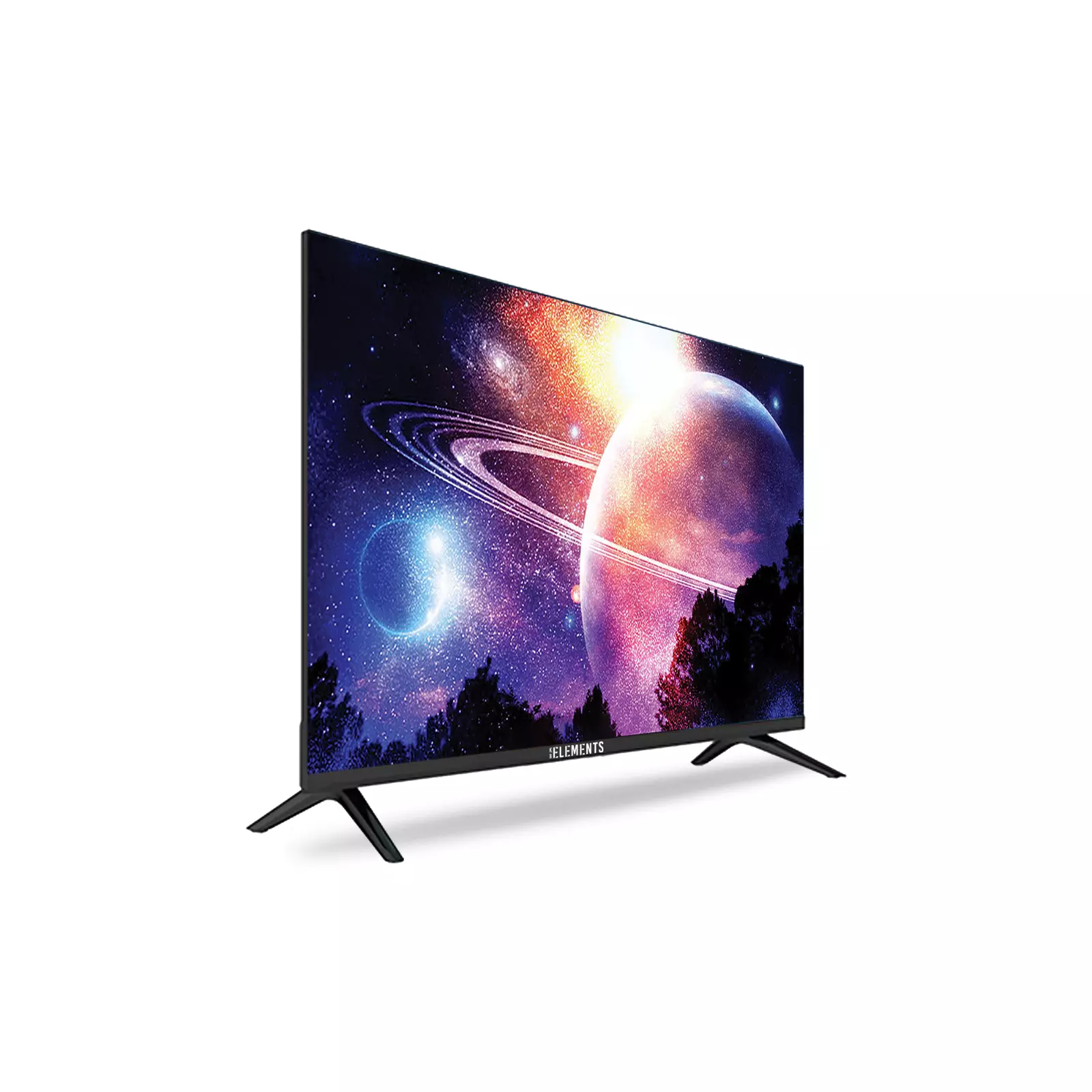 Smart-TV schräg, Weltraumszene, schwarzer Ständer, weißer Hintergrund.