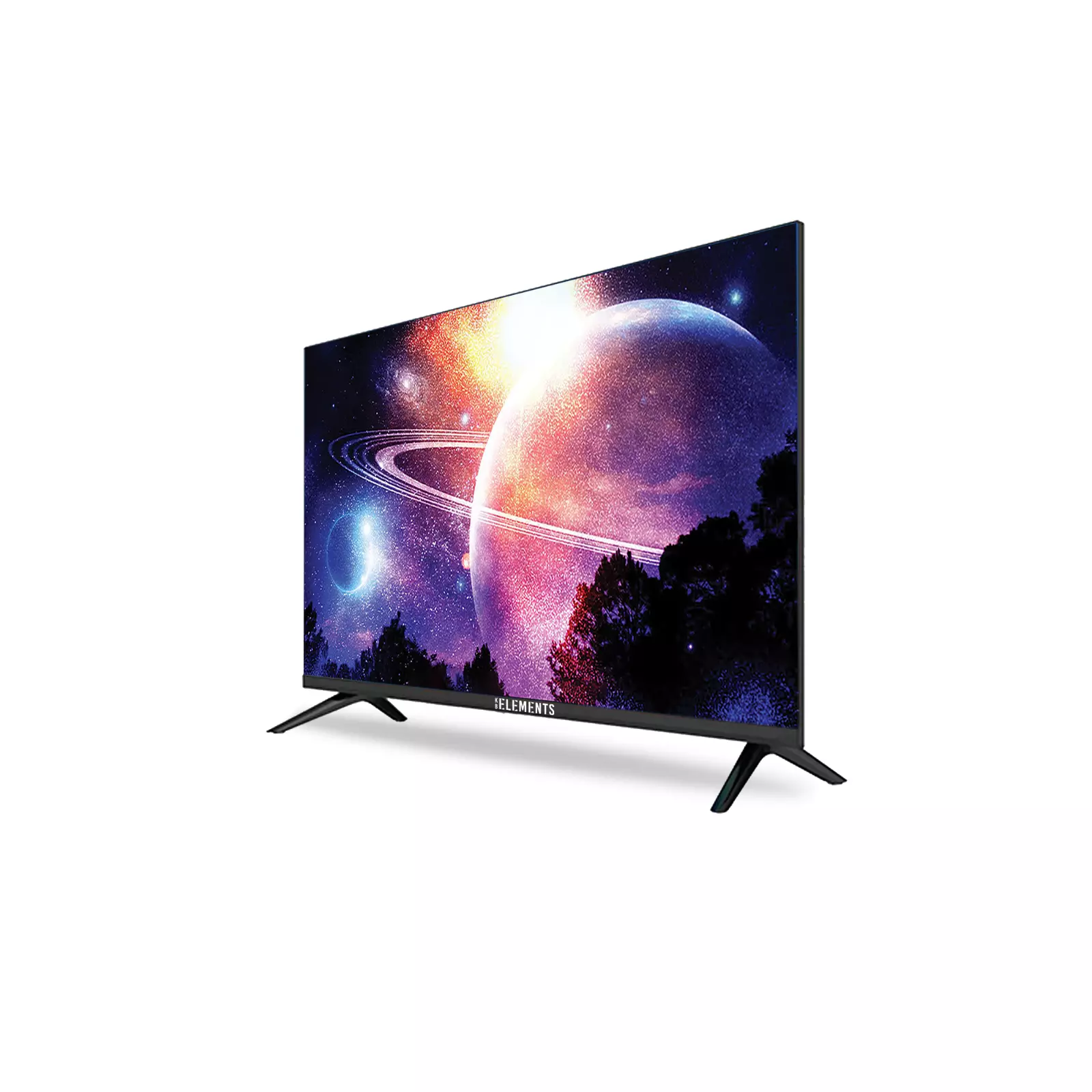 Smart-TV schräg, Weltraumszene, schwarzer Ständer, weißer Hintergrund.