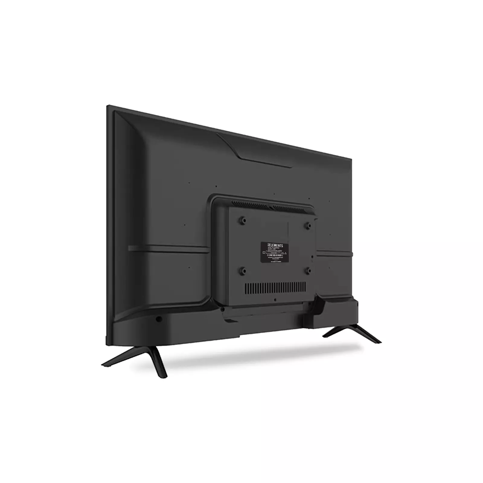 Schwarzer Smart-TV, Rückansicht, Ständer, weißer Hintergrund, Etiketten.