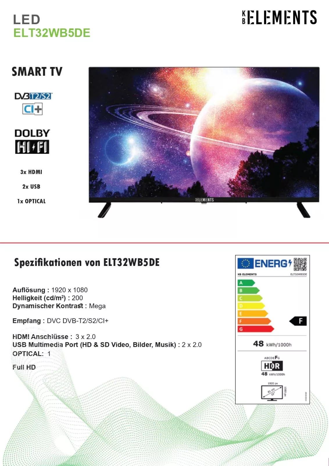Smart-TV vor weißem Hintergrund mit Spezifikationen und Energielabel.