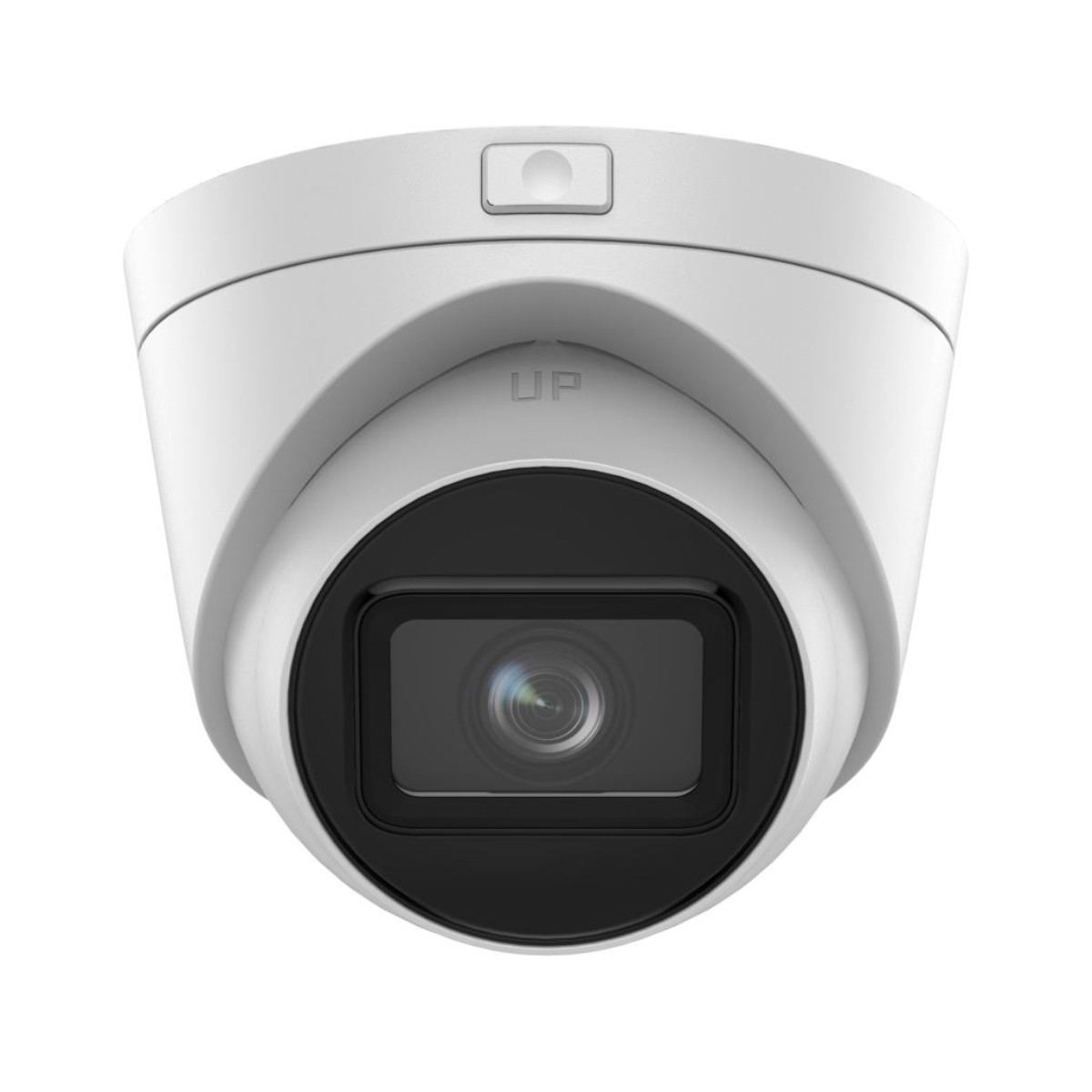 Telecamera di sicurezza a cupola bianca con obiettivo nero, su sfondo bianco. La parola "UP" è visibile.
