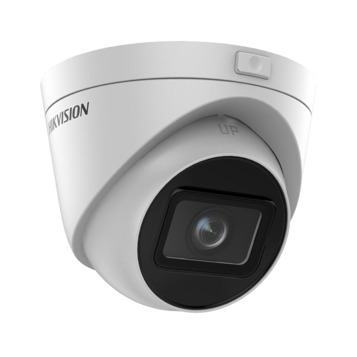 Telecamera di sicurezza bianca con obiettivo nero. Marchio Hikvision visibile. Telecamera a cupola inclinata verso l'alto.