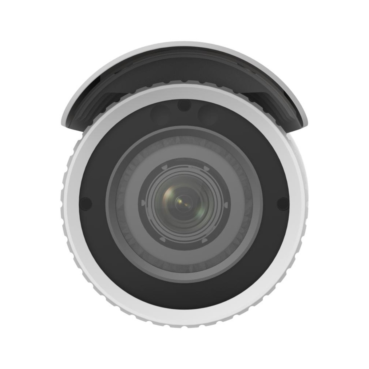 Siyah lensli beyaz güvenlik kamerası. Hikvision markası yan tarafa basılmış. Yukarıdan görünüm.