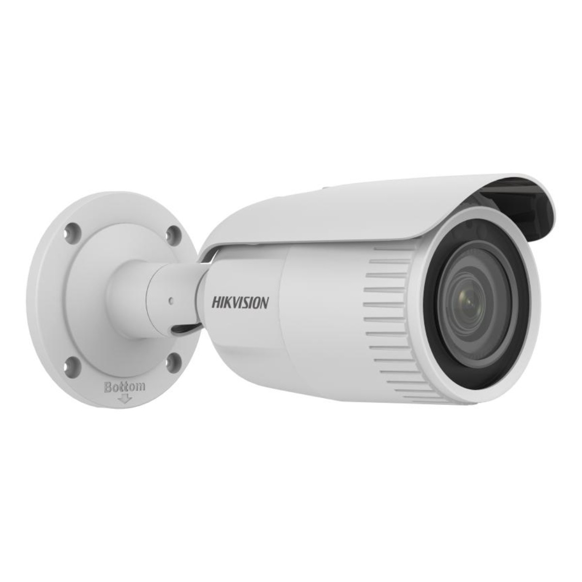 Siyah lensli beyaz güvenlik kamerası. Hikvision markası yan tarafta basılı. Alt kısım görünür.