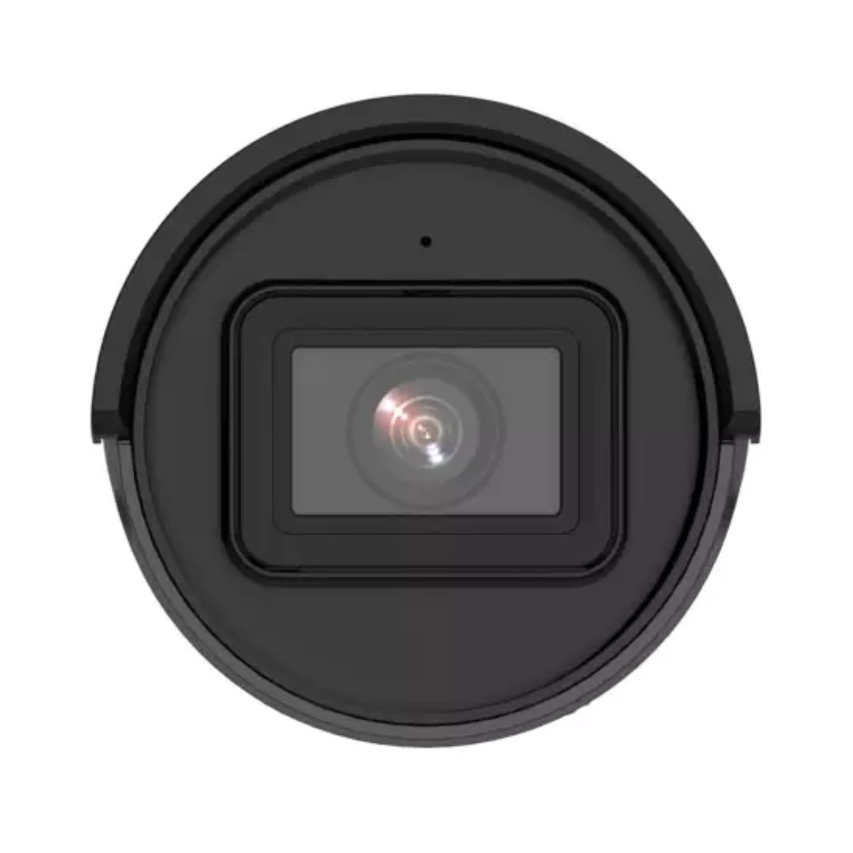 Telecamera di sicurezza nera con obiettivo centrale, in alloggiamento circolare. L'obiettivo riflette la luce.
