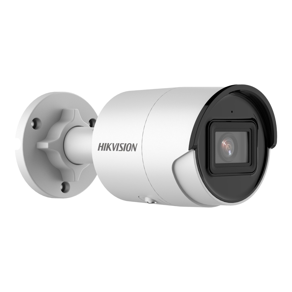 Telecamera di sicurezza Hikvision bianca con obiettivo nero. La telecamera è montata a muro. La vista è laterale.