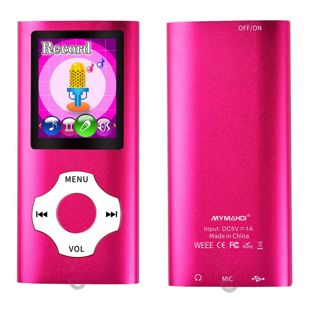 Zwei Ansichten des rosa MP3-Players. Zeigt Vorder- und Rückseite. Vorderseite hat Bildschirm mit Symbolen. Rückseite sagt MYMAHDI und hat Eingänge.