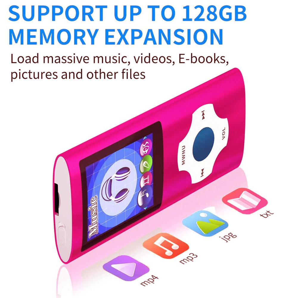 Rosa MP3-Player mit Bildschirm, Symbolen und Tasten. Text: Unterstützt bis zu 128 GB Speicher. Zeigt Musik, Videos, E-Books und Bilder.