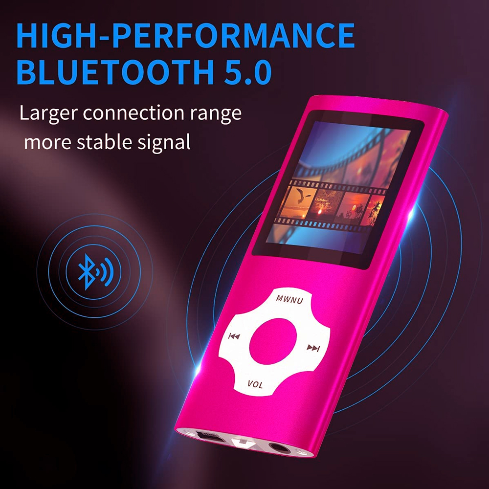 Rosa MP3-Player mit Bildschirm, der einen Filmstreifen zeigt. Bluetooth-Symbol vorhanden. Text: High-Performance Bluetooth 5.0.