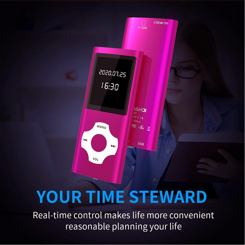 Rosa MP3-Player und ein zusätzliches rosa Gerät. Zeigt Uhrzeit und Datum an. Text: Your Time Steward. Macht das Leben bequem.