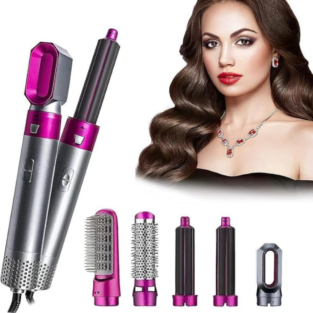 Haarstyling-Werkzeug mit Aufsätzen, Frau mit langen Haaren, rotem Lippenstift und Schmuck.
