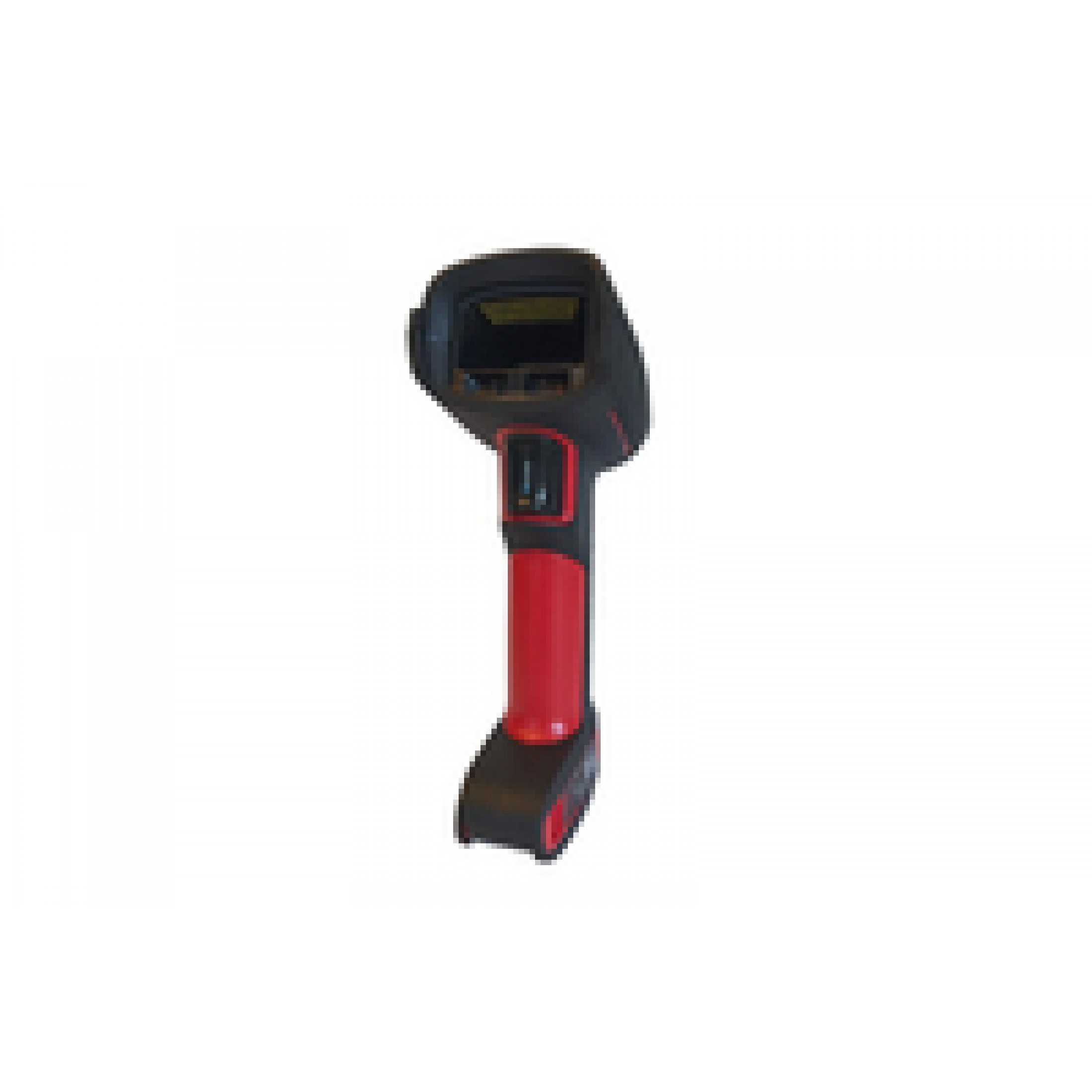 Termocamera portatile con manico rosso, corpo nero e display, isolata su bianco.