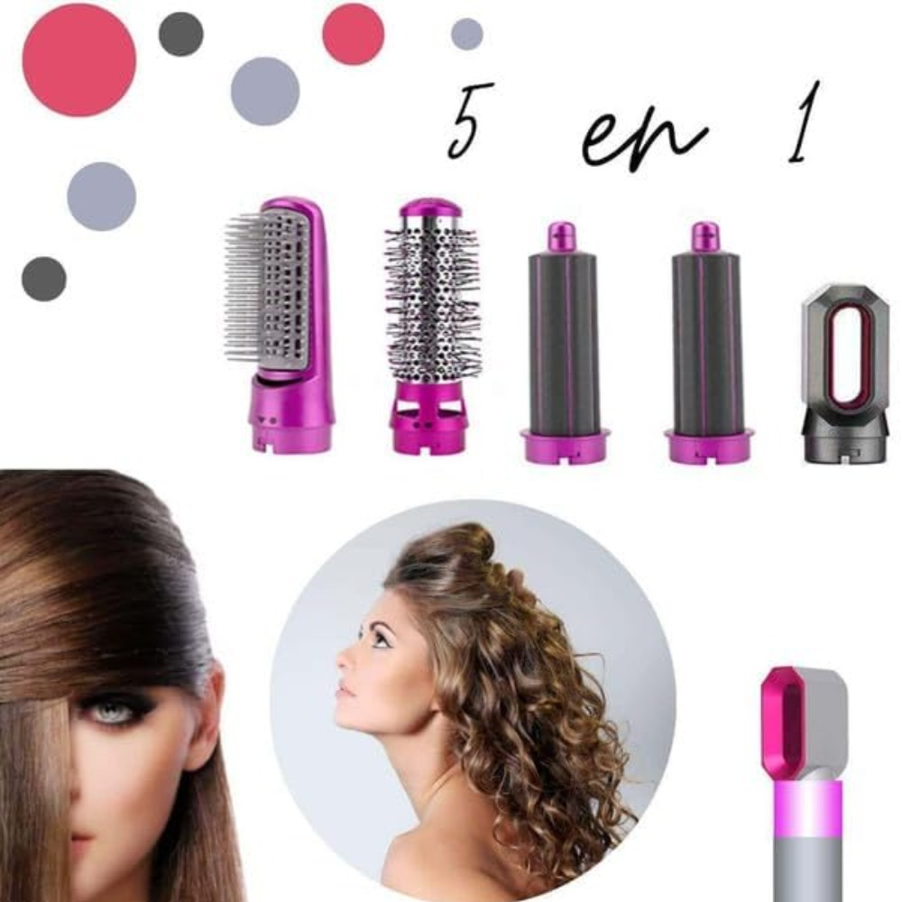 Ein Haarstyling-Set mit 5 Aufsätzen, mit zwei Haarbeispielen von Frauen.