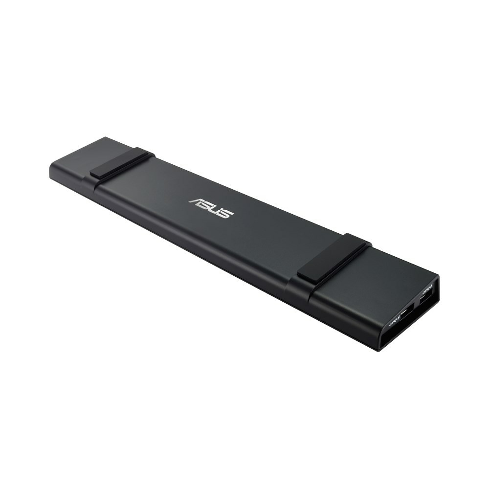 Dock Asus nero con porte, isolato su bianco. Cinghie in gomma per fissare il laptop.