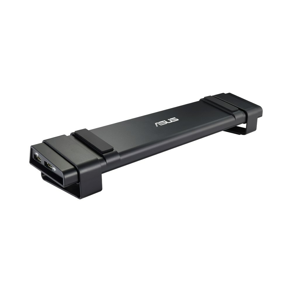 Supporto monitor ASUS nero con porte USB. Forma rettangolare con due supporti su ciascun lato. Logo ASUS visibile.