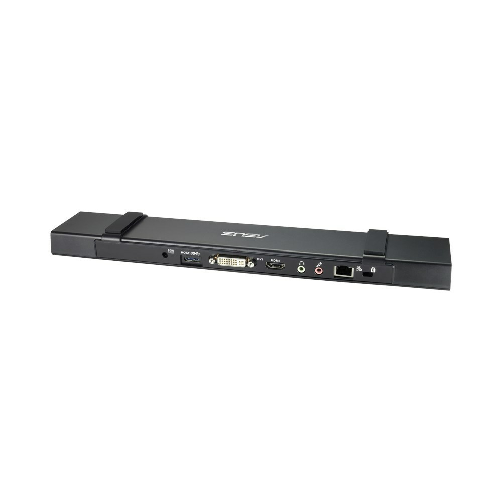 Dock Asus nero con porte, isolato su bianco. Cinghie in gomma per fissare il laptop.