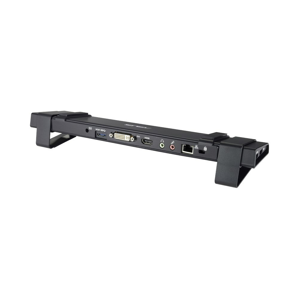 Una docking station nera per un laptop, con diverse porte, isolata su bianco.
