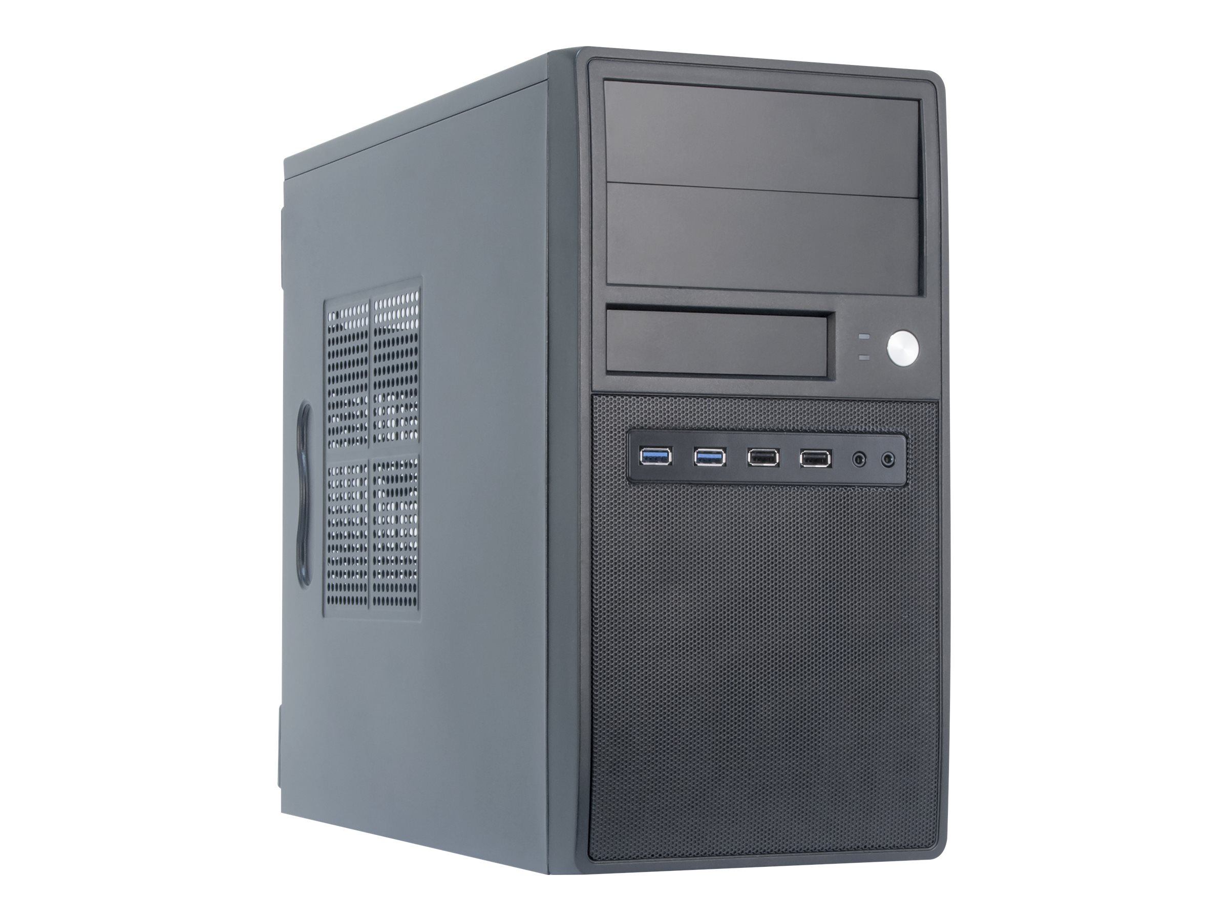 Un case per computer grigio scuro, isolato su sfondo bianco, con una presa d'aria laterale.