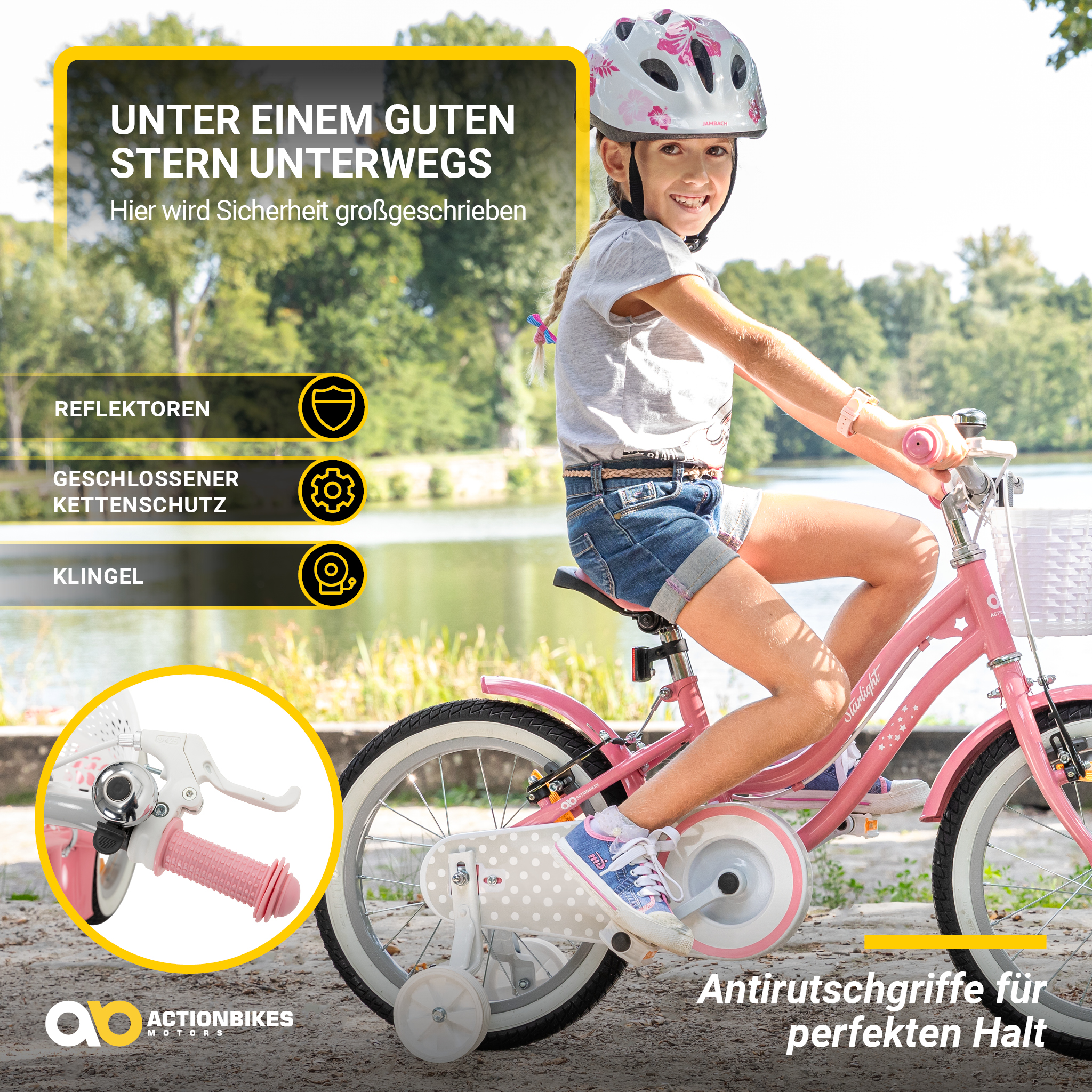 Mädchen fährt rosa Fahrrad, Helm, Wasser, Sicherheitsmerkmale hervorgehoben.