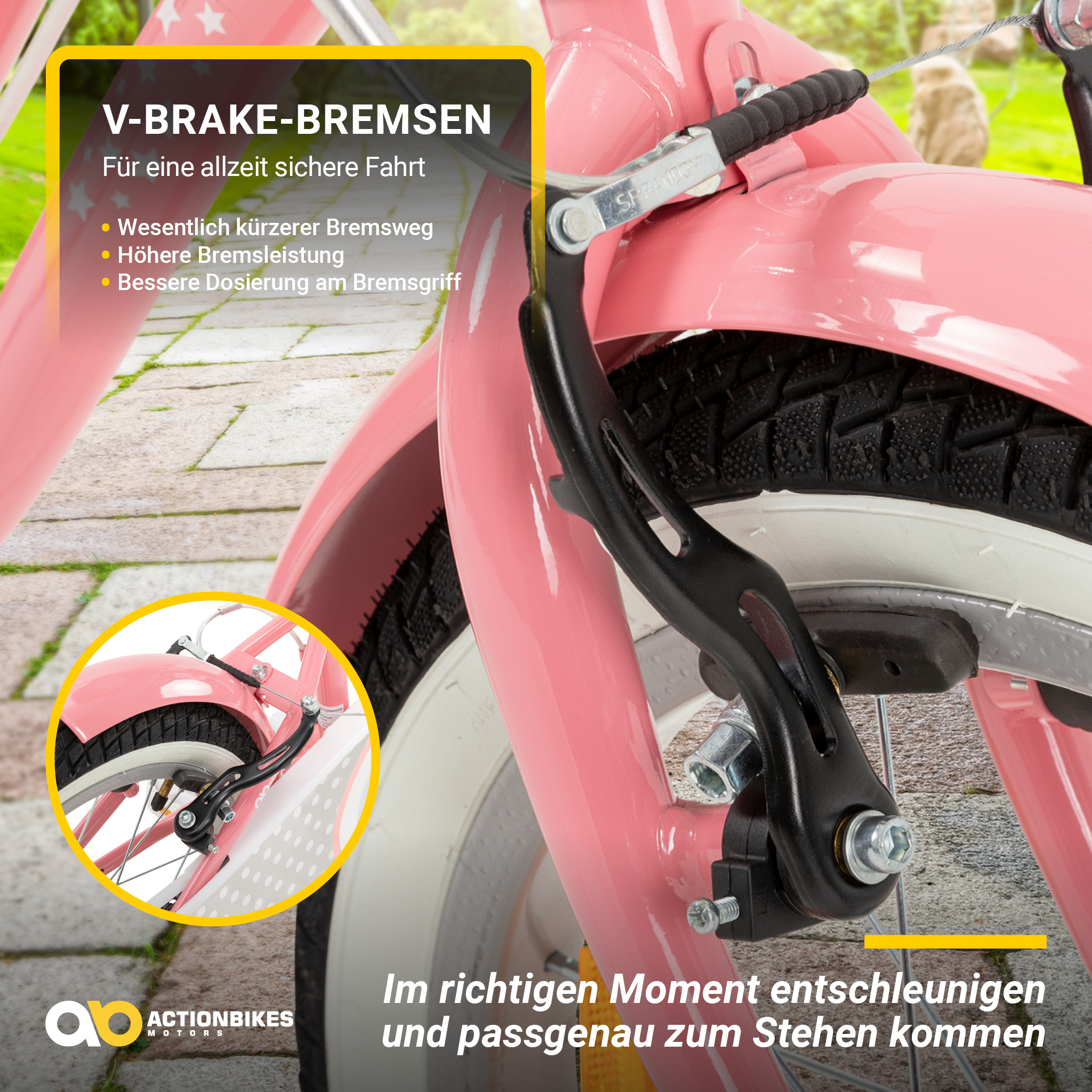Nahaufnahme der Bremse und des Reifens eines rosa Fahrrads. Gelber Hintergrund.