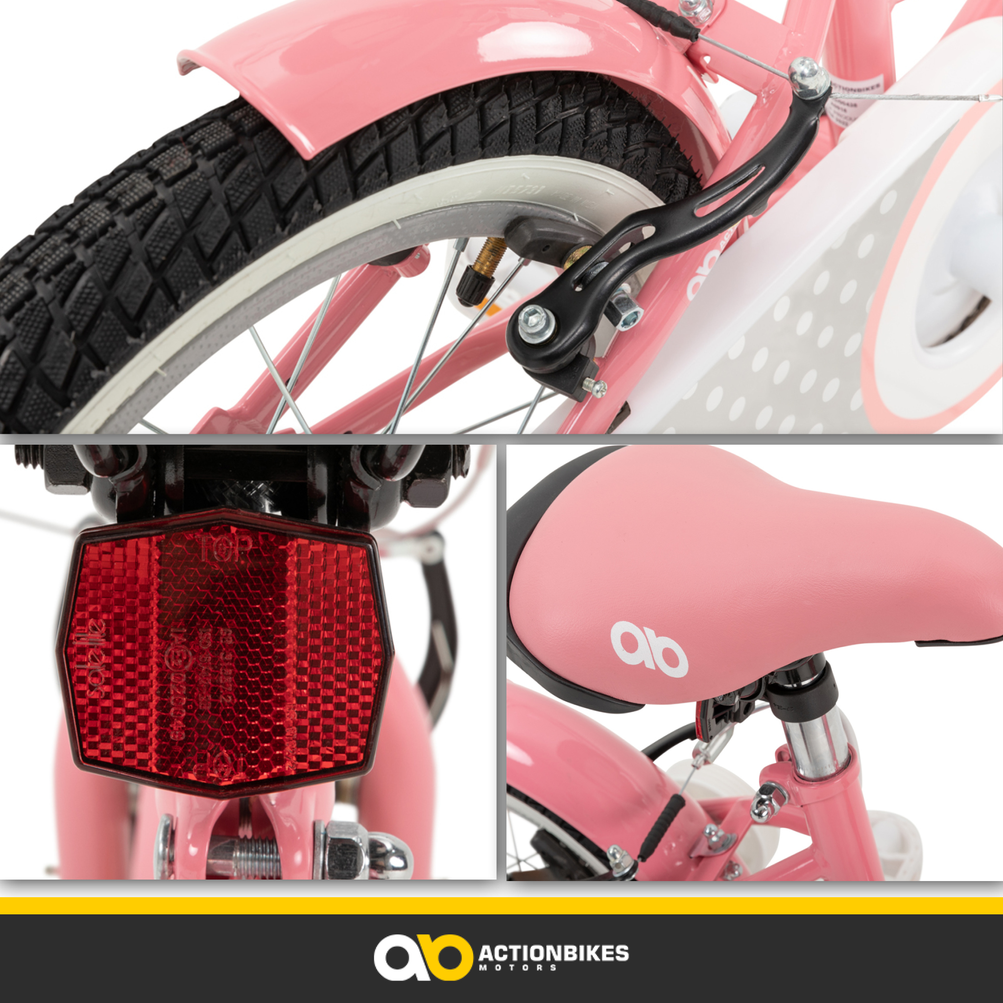 Details eines rosa Fahrrads, einschließlich Räder, Bremsen und Sitz.