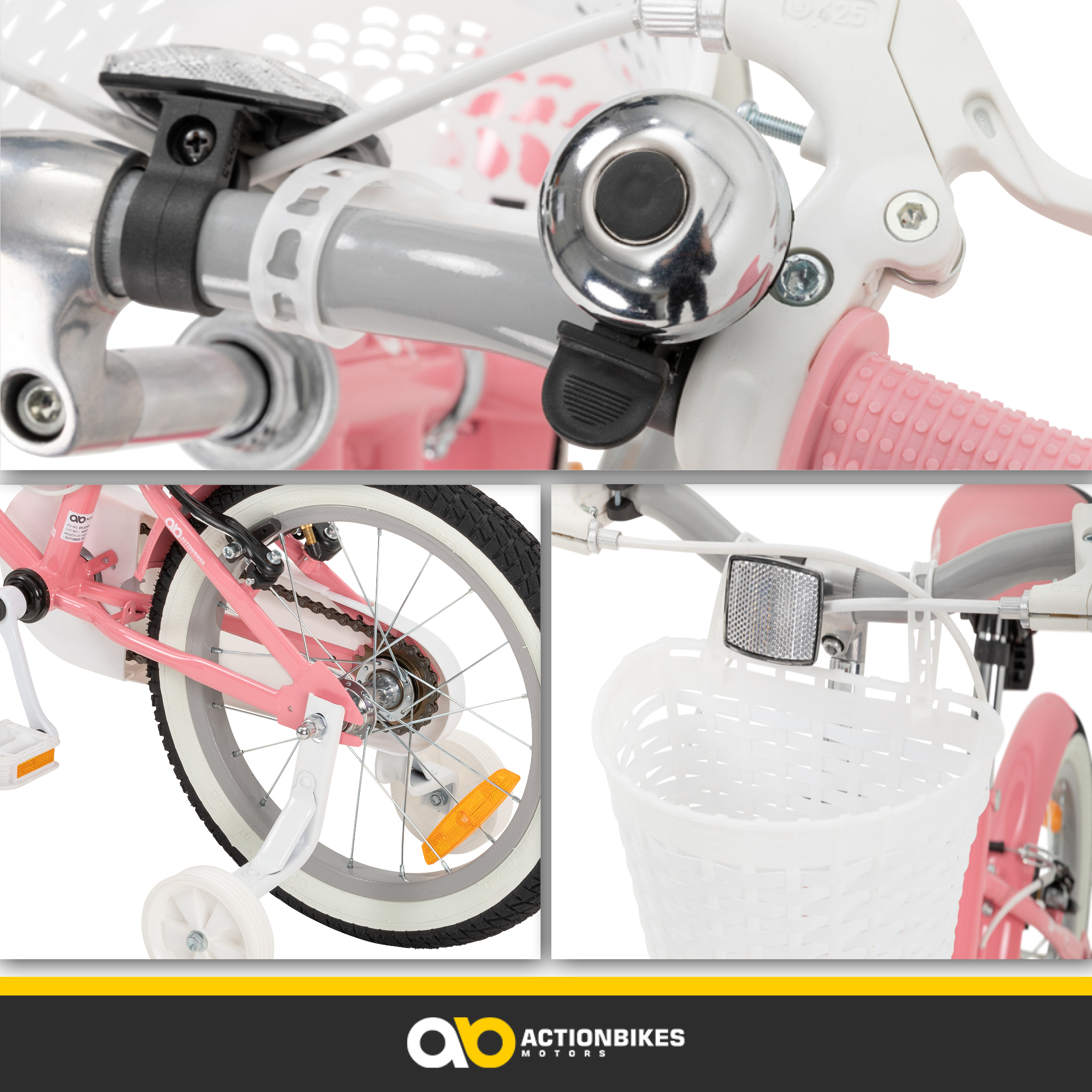 Details eines rosa Fahrrads, einschließlich Klingel, Korb und Räder.