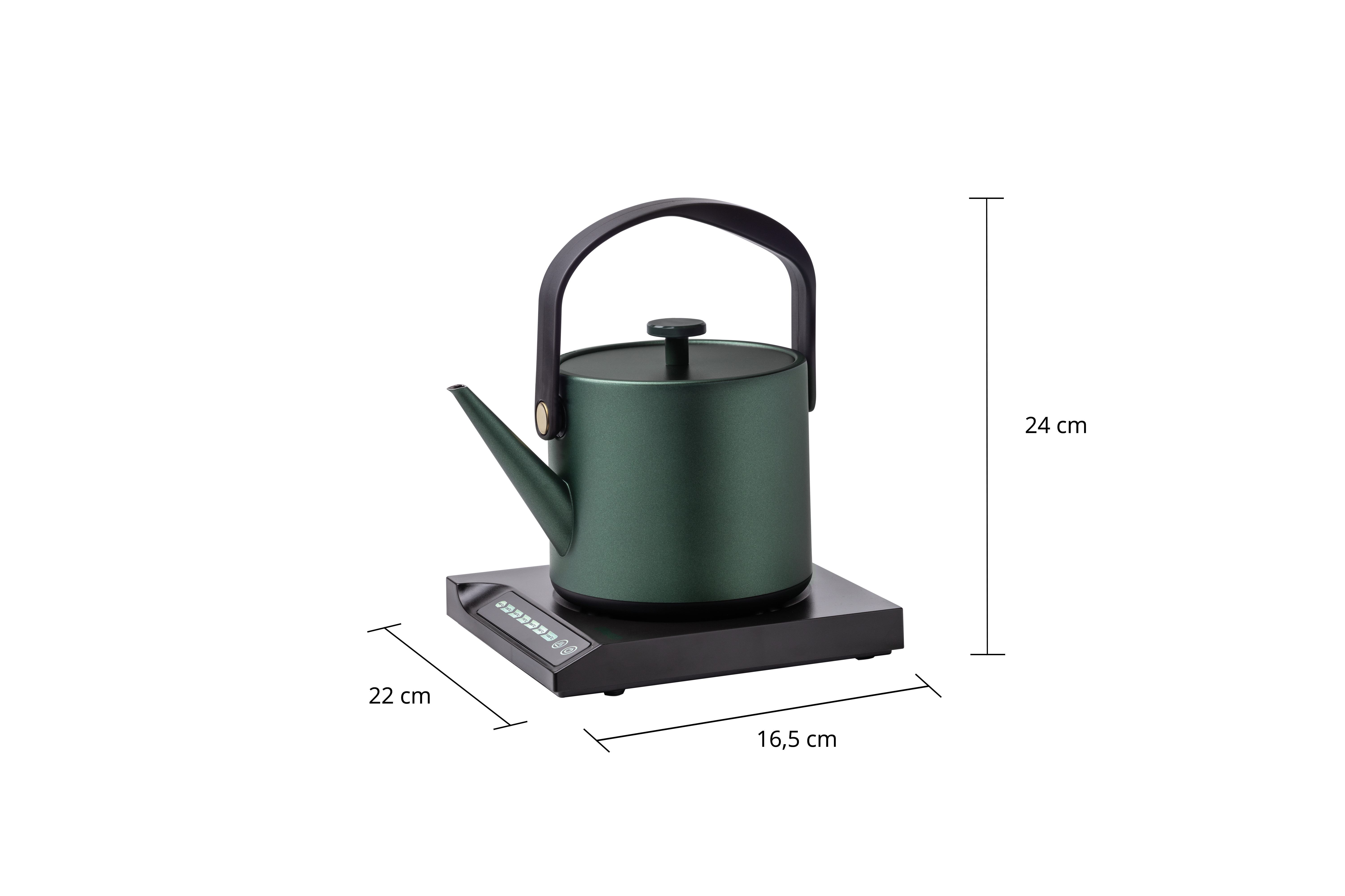 Bouilloire verte sur socle noir. Dimensions : 22cm de large, 24cm de haut, 16,5cm de profondeur. Poignée et bec noirs à gauche.
