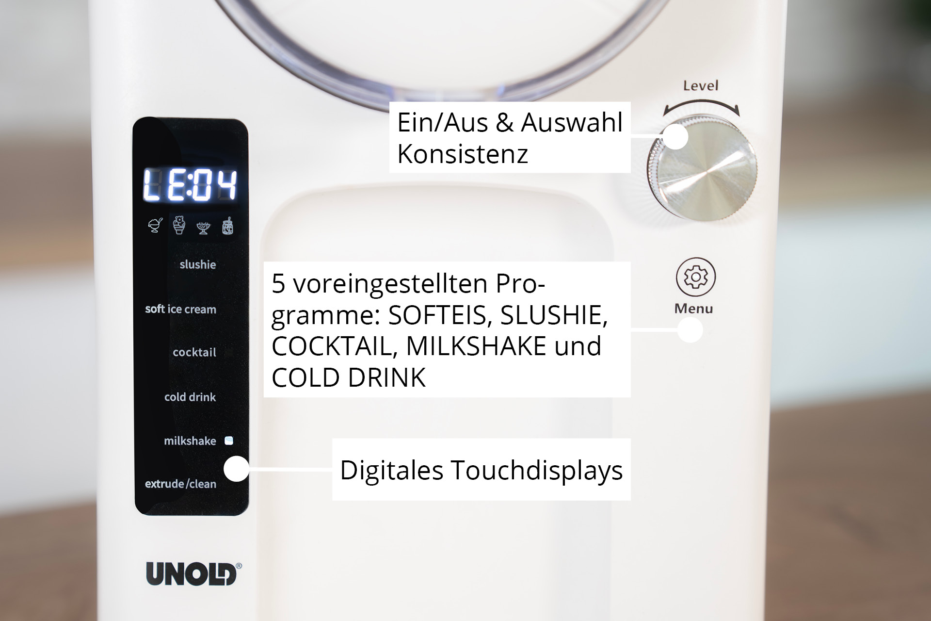 Nahaufnahme eines weißen Eisbereiters mit Digitalanzeige und Knöpfen.