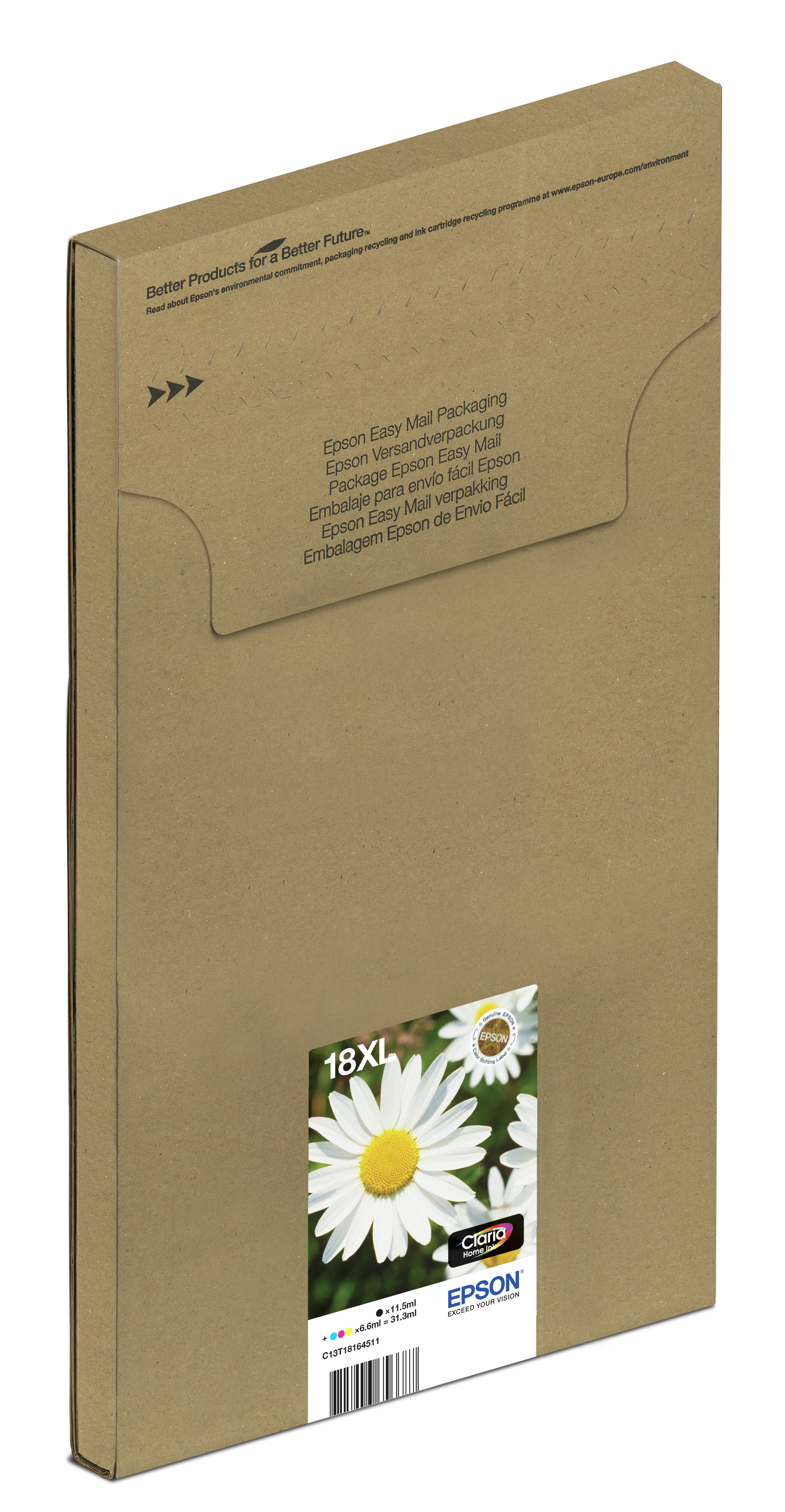Brązowe kartonowe pudełko. Pudełko zawiera obrazy stokrotek i opakowanie Epson Easy Mail.
