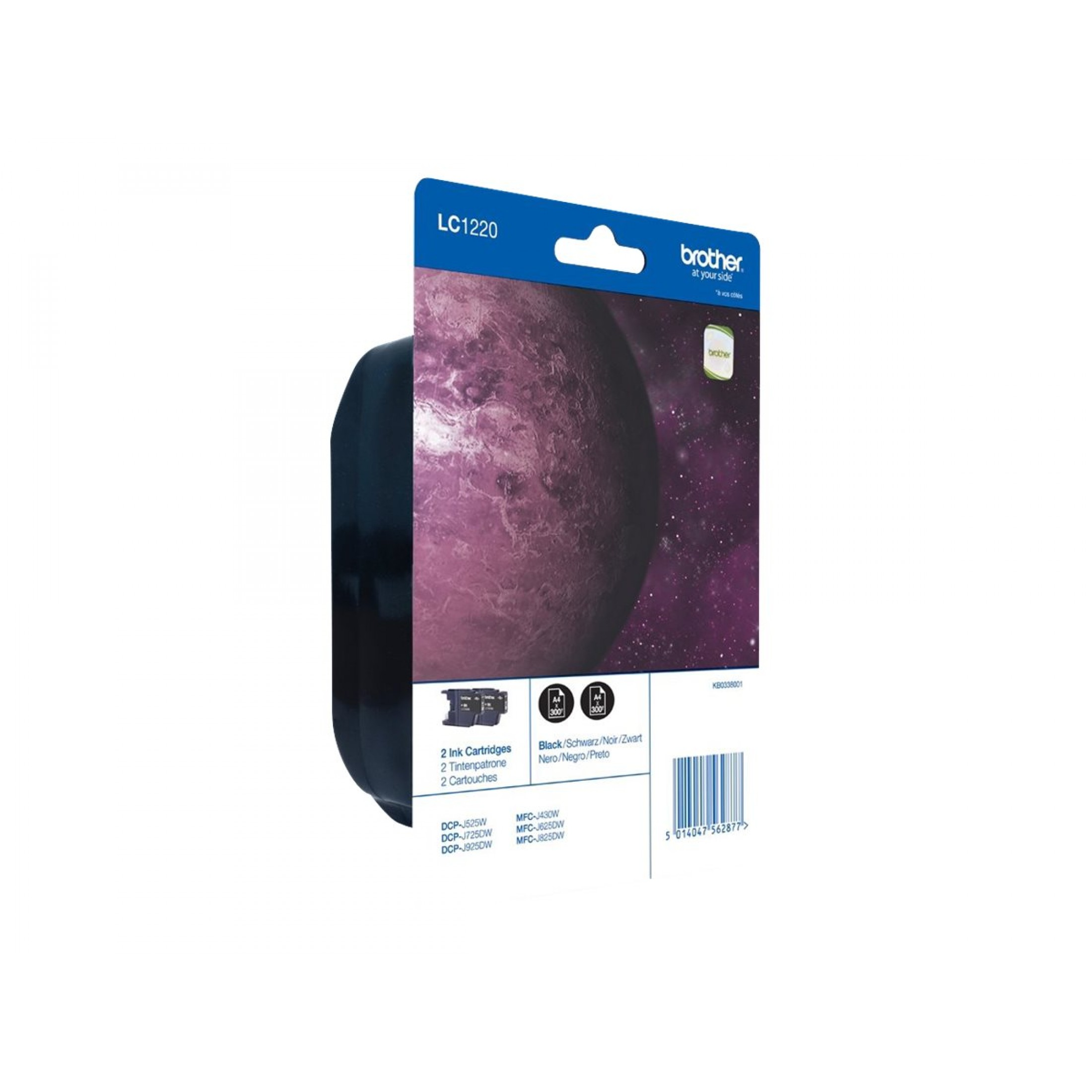 Confezione cartuccia inchiostro nero Brother LC1220 con immagine pianeta viola.
