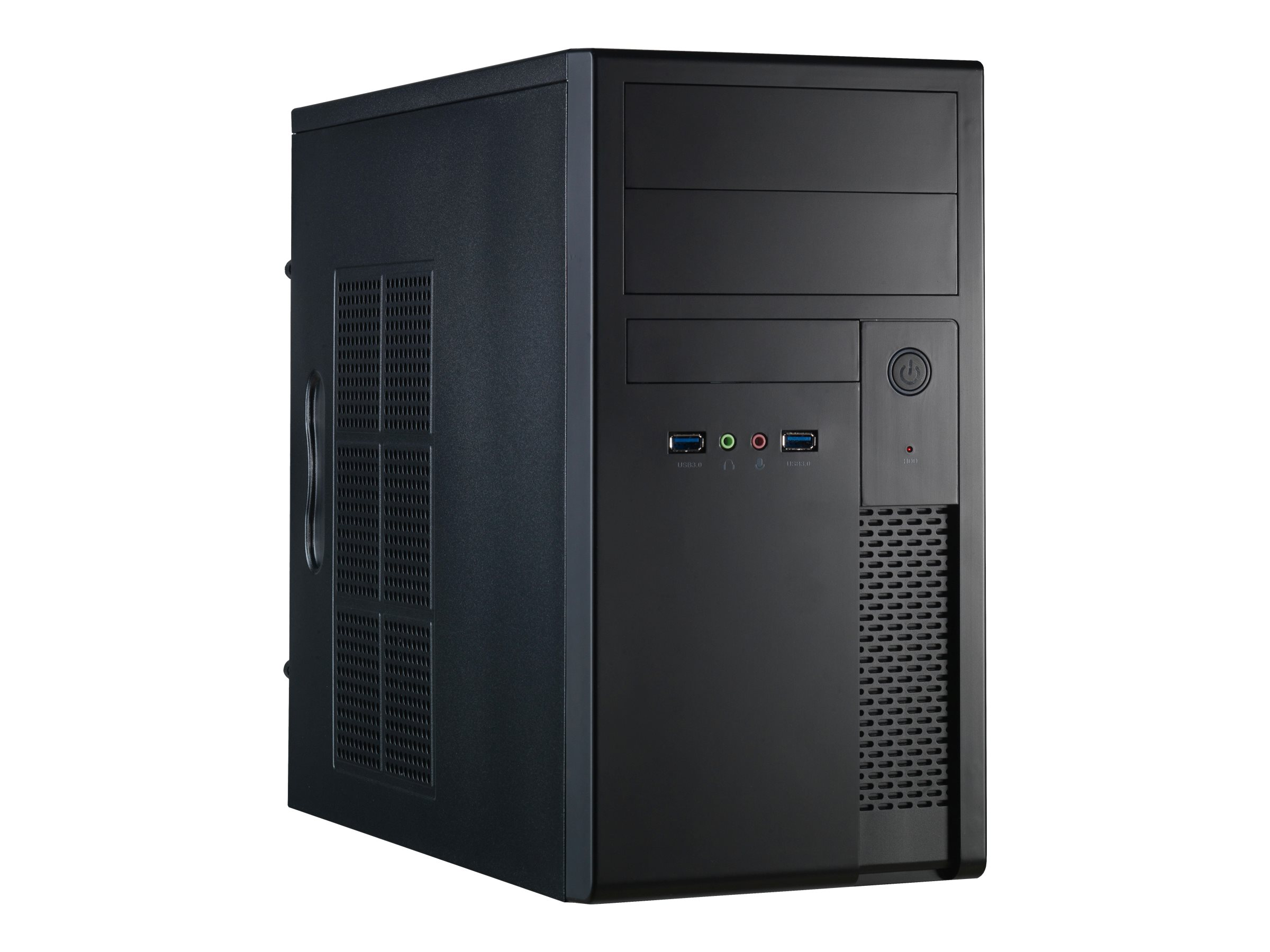 Un case per computer a torre nero con un pulsante di accensione, porte USB e griglie di ventilazione.