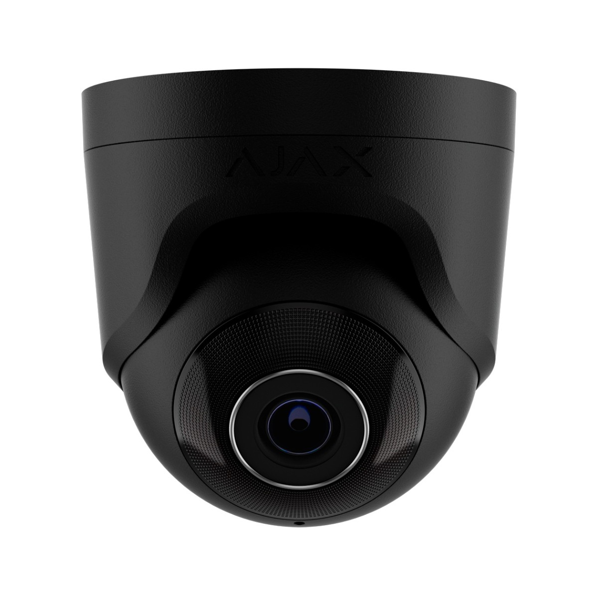Telecamera di sicurezza nera a forma di cupola con obiettivo visibile e marchio AJAX.