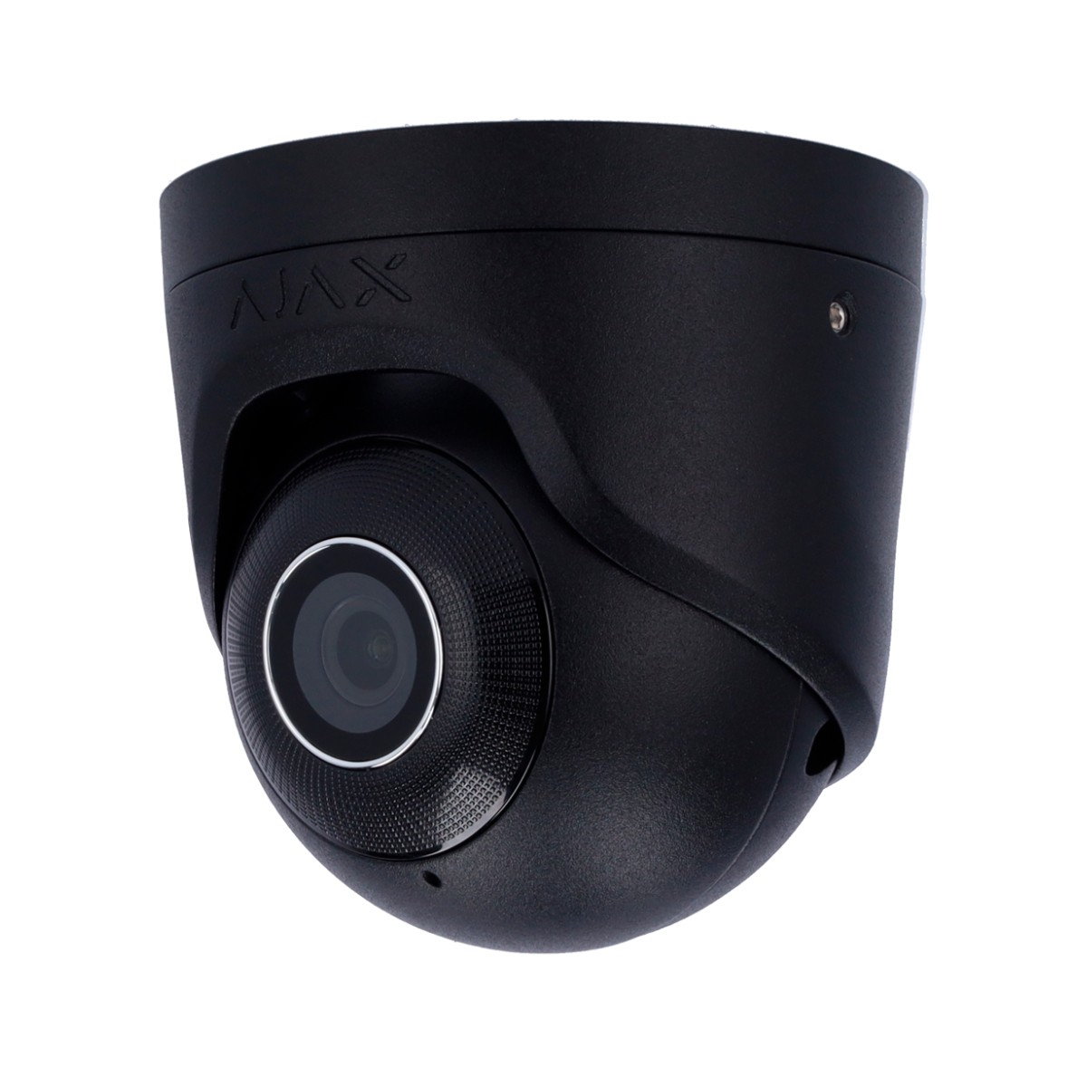 Una telecamera di sicurezza a cupola nera con una lente scura.