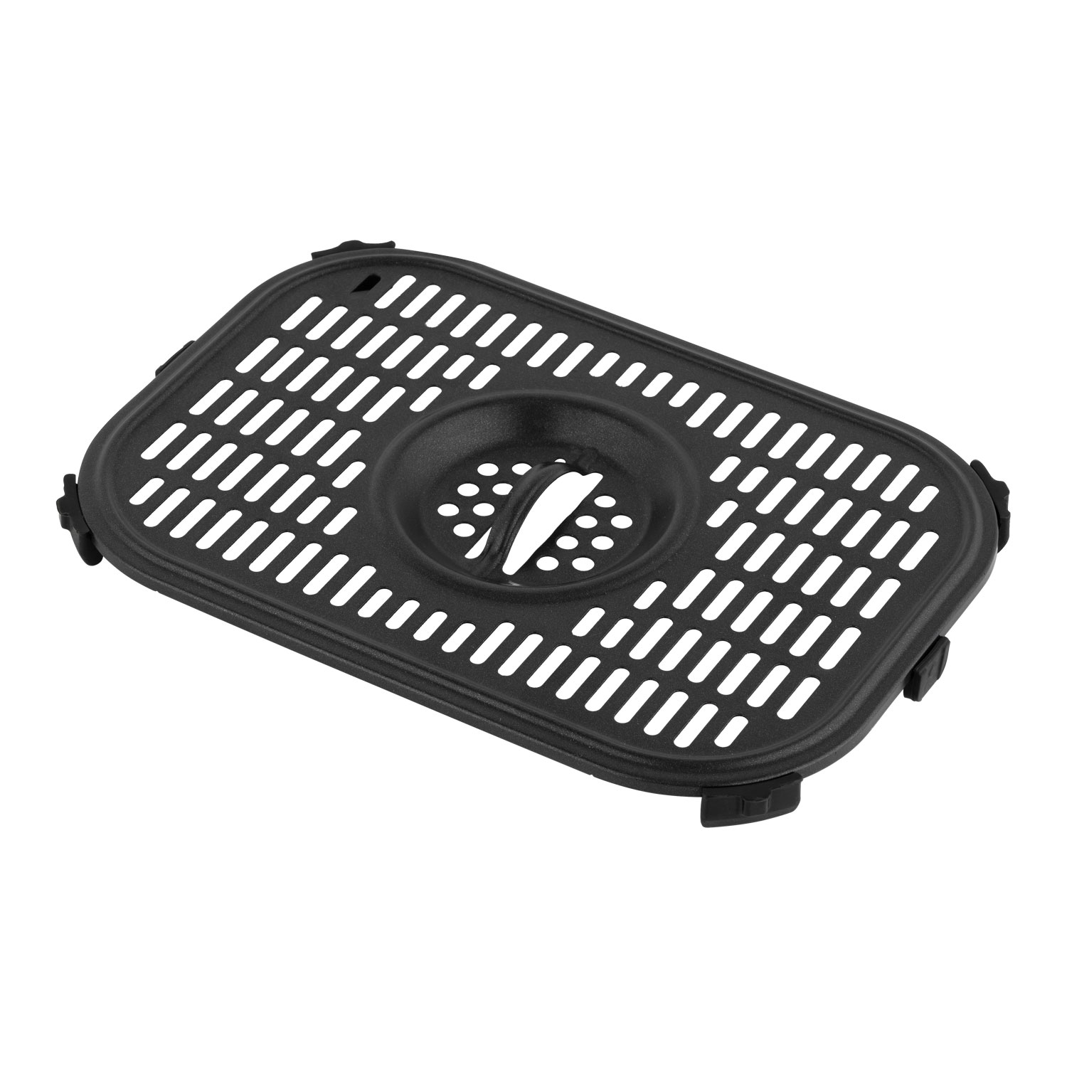 Schwarzer rechteckiger Frittierkorb mit Perforationen. Isoliert auf weißem Hintergrund.