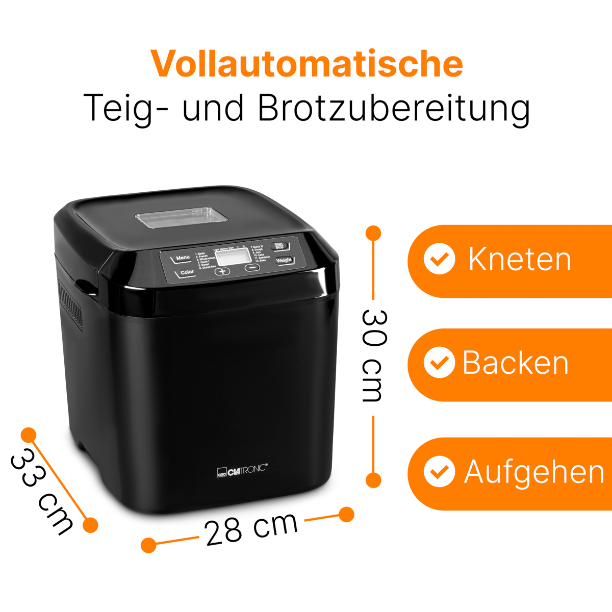 Czarna maszyna do pieczenia chleba z wymiarami. Tekst: W pełni automatyczne przygotowywanie ciasta i chleba. Ugniatanie, pieczenie, wyrastanie.