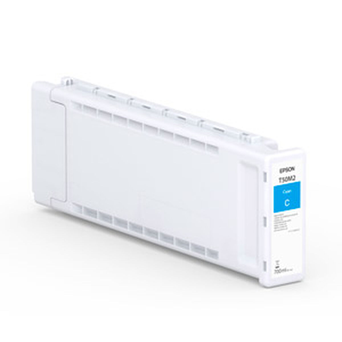 Biały wkład atramentowy Epson z oznaczeniem 'C' dla koloru Cyan, z niebieskim wskaźnikiem atramentu, na białym tle.
