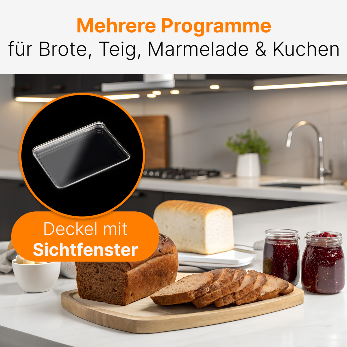 Scena z piekarni: chleb, pokrojony bochenek, słoiki dżemu, masło i przezroczysta taca.