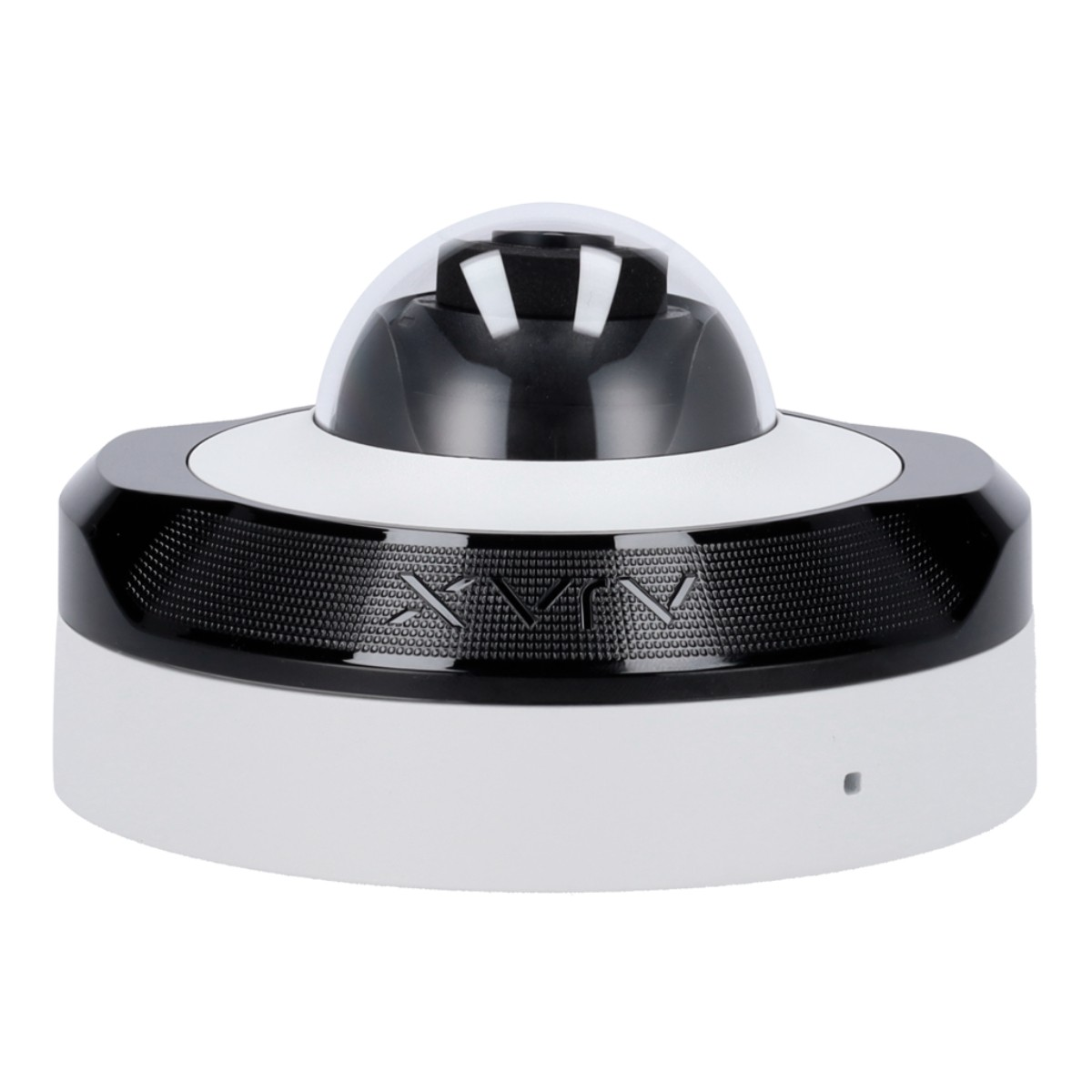 Una telecamera di sicurezza in bianco e nero. Ha una forma a cupola e un design a rete attorno alla base.