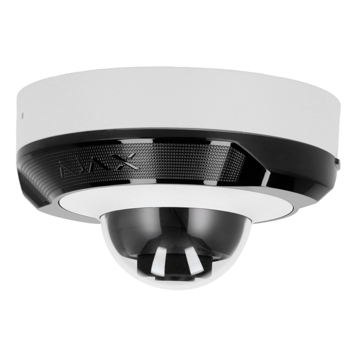 Una telecamera di sicurezza bianca e nera. È montata su un soffitto bianco.