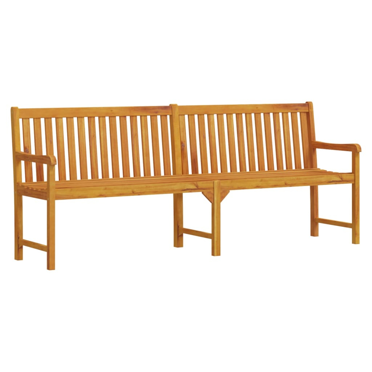 Una panchina di legno. Ha due sedili, braccioli ed è su sfondo bianco.