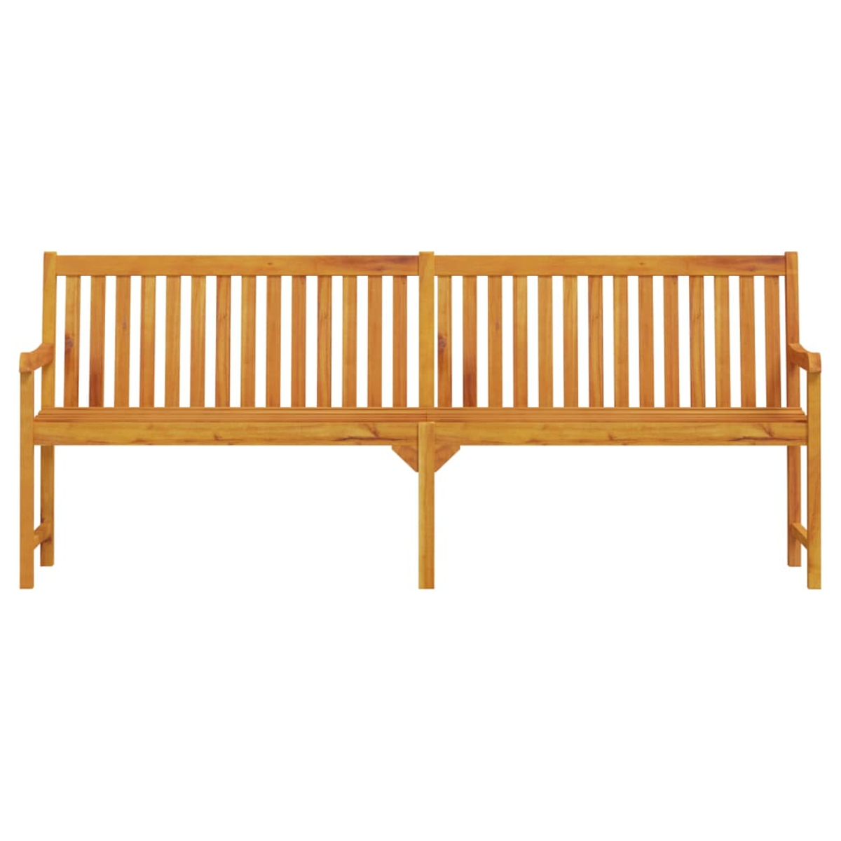 Lunga panca in legno con doghe verticali e braccioli.