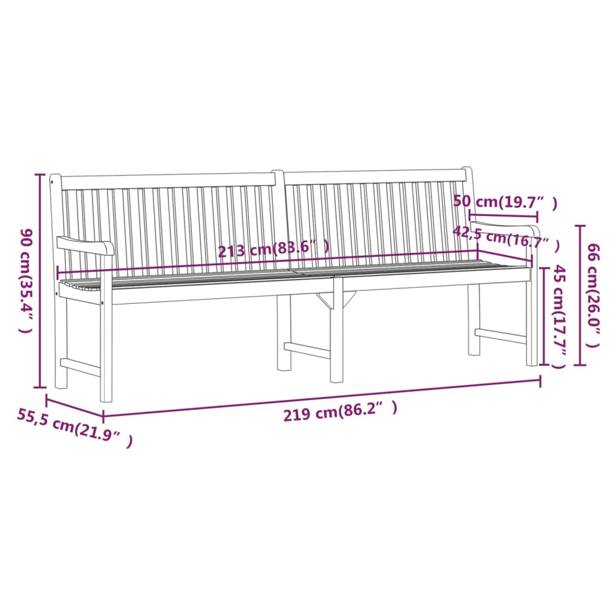 Panca in legno con dimensioni ed etichette.