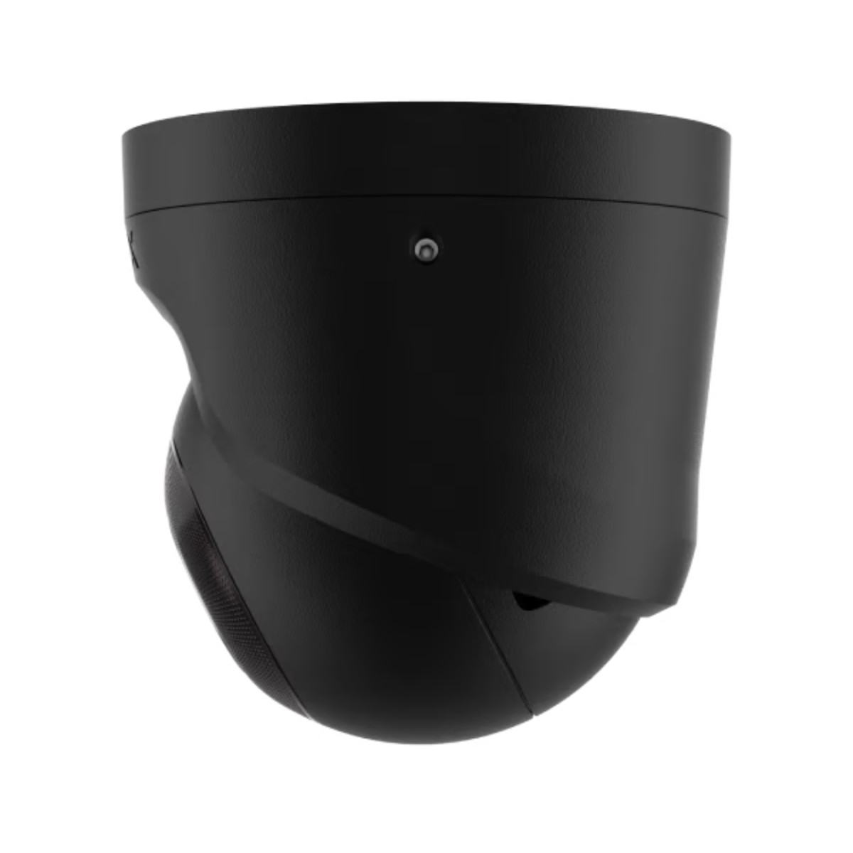 Telecamera di sicurezza nera, con design curvo e lente visibile. Sfondo bianco.