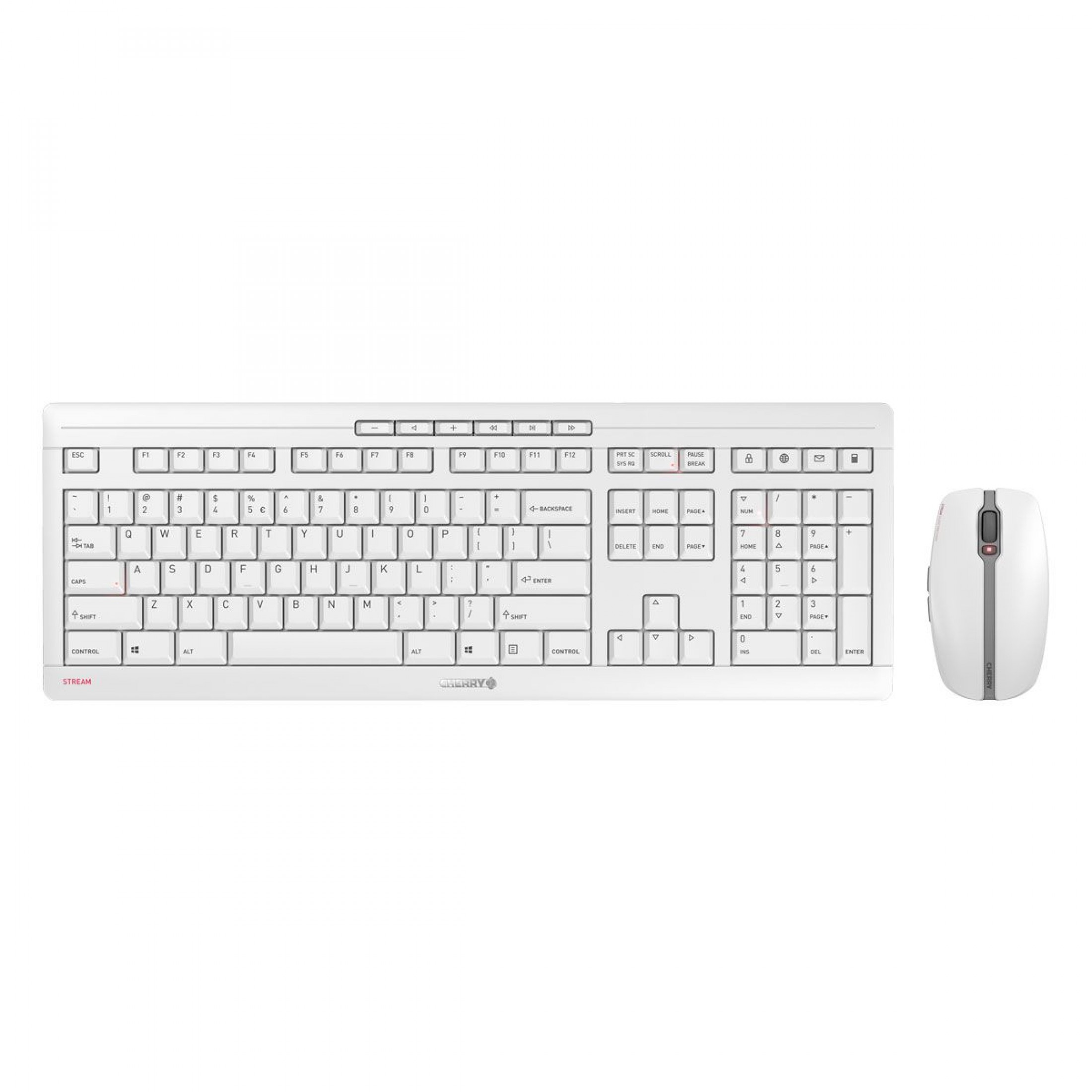 Set tastiera e mouse bianchi con tasti neri e un accento rosso. Sfondo bianco.