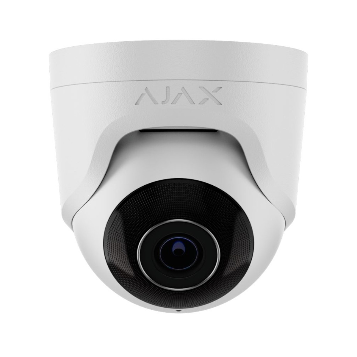Telecamera di sicurezza bianca con la scritta AJAX. Sfondo bianco.