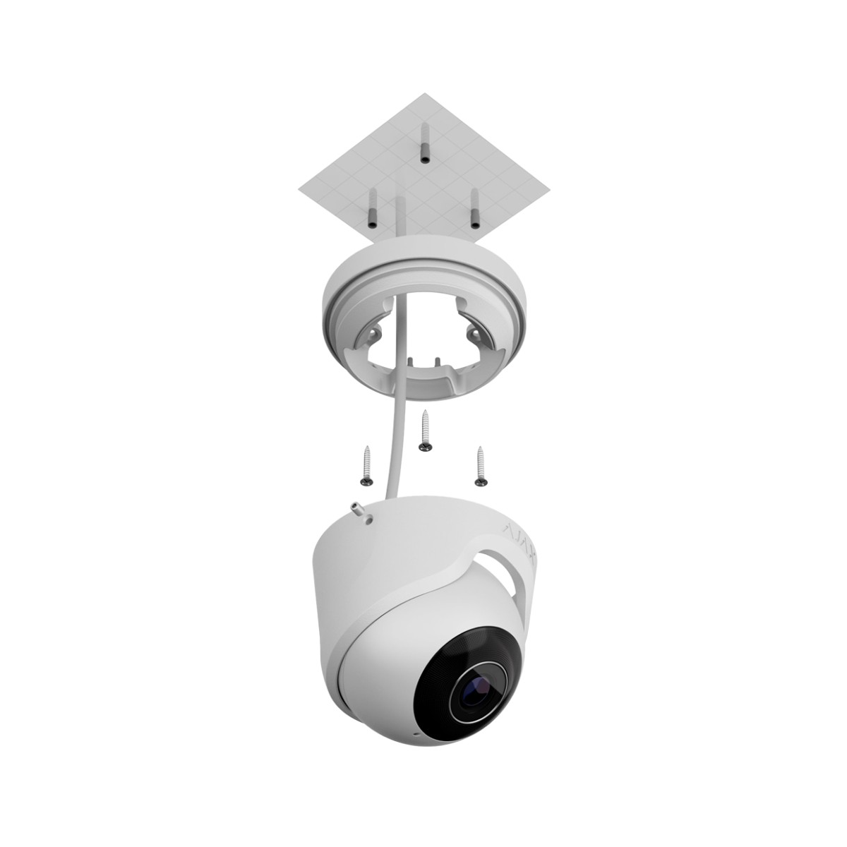 Telecamera di sicurezza bianca, smontata con viti e piastra di montaggio. Sfondo bianco.