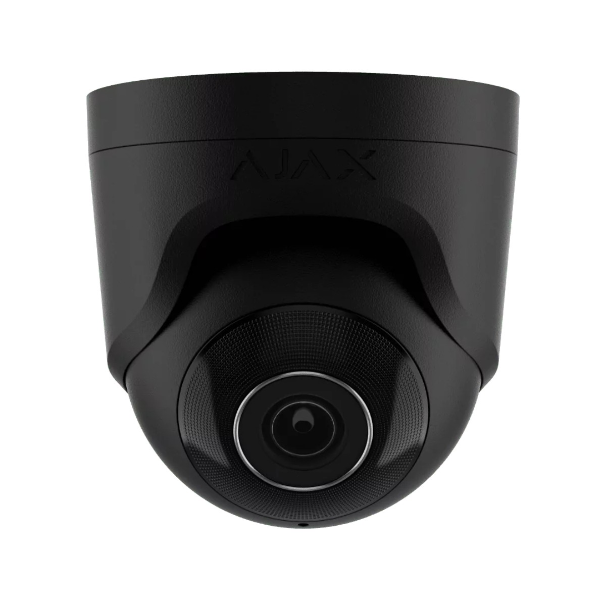 Telecamera di sicurezza a cupola nera con il marchio AJAX. Ha una lente circolare.