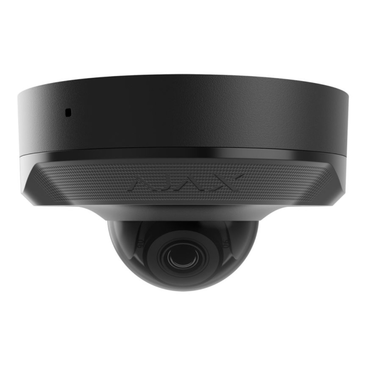 Telecamera di sicurezza nera con il marchio AJAX. La telecamera è a cupola.