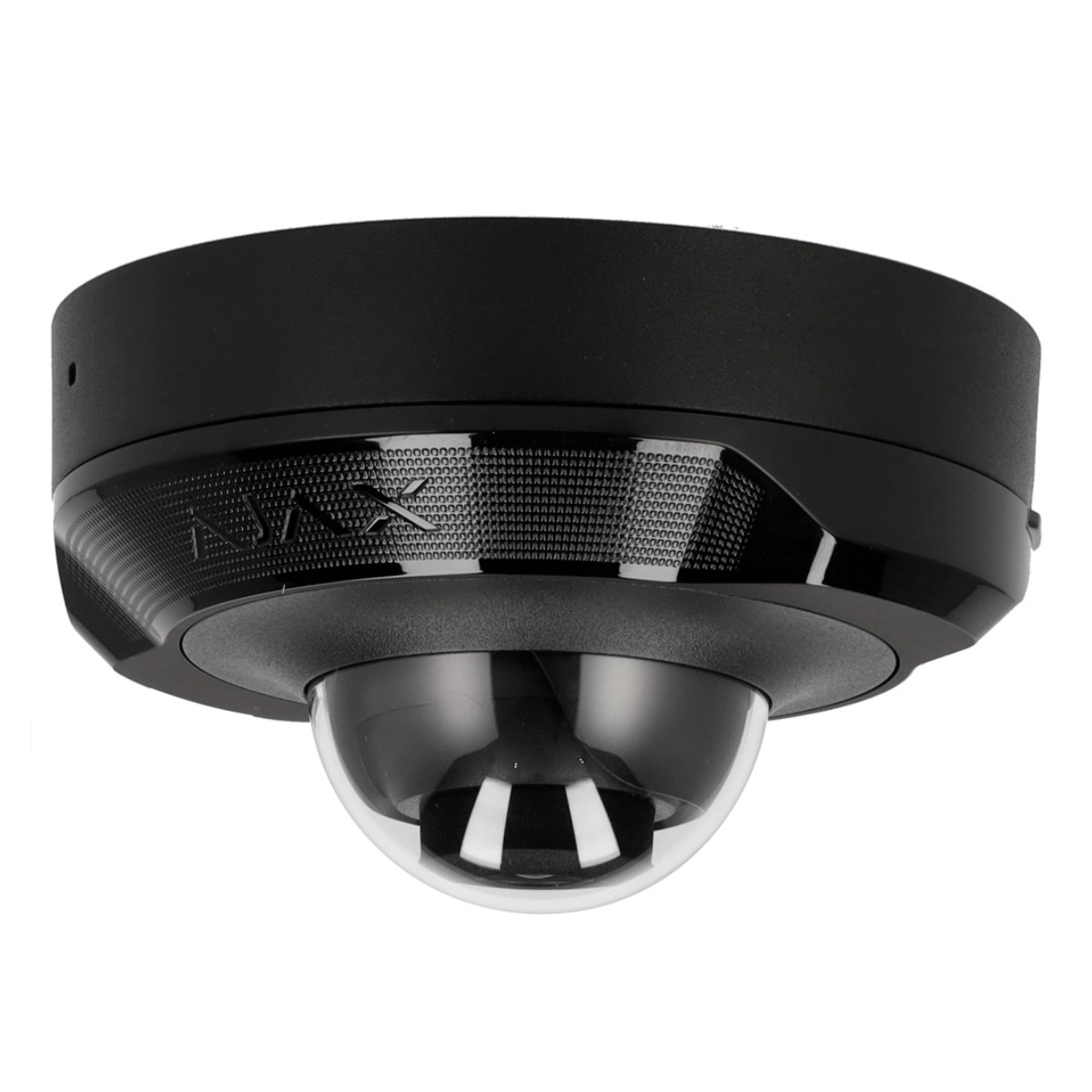 Telecamera di sicurezza nera e rotonda con una copertura trasparente e rotonda.