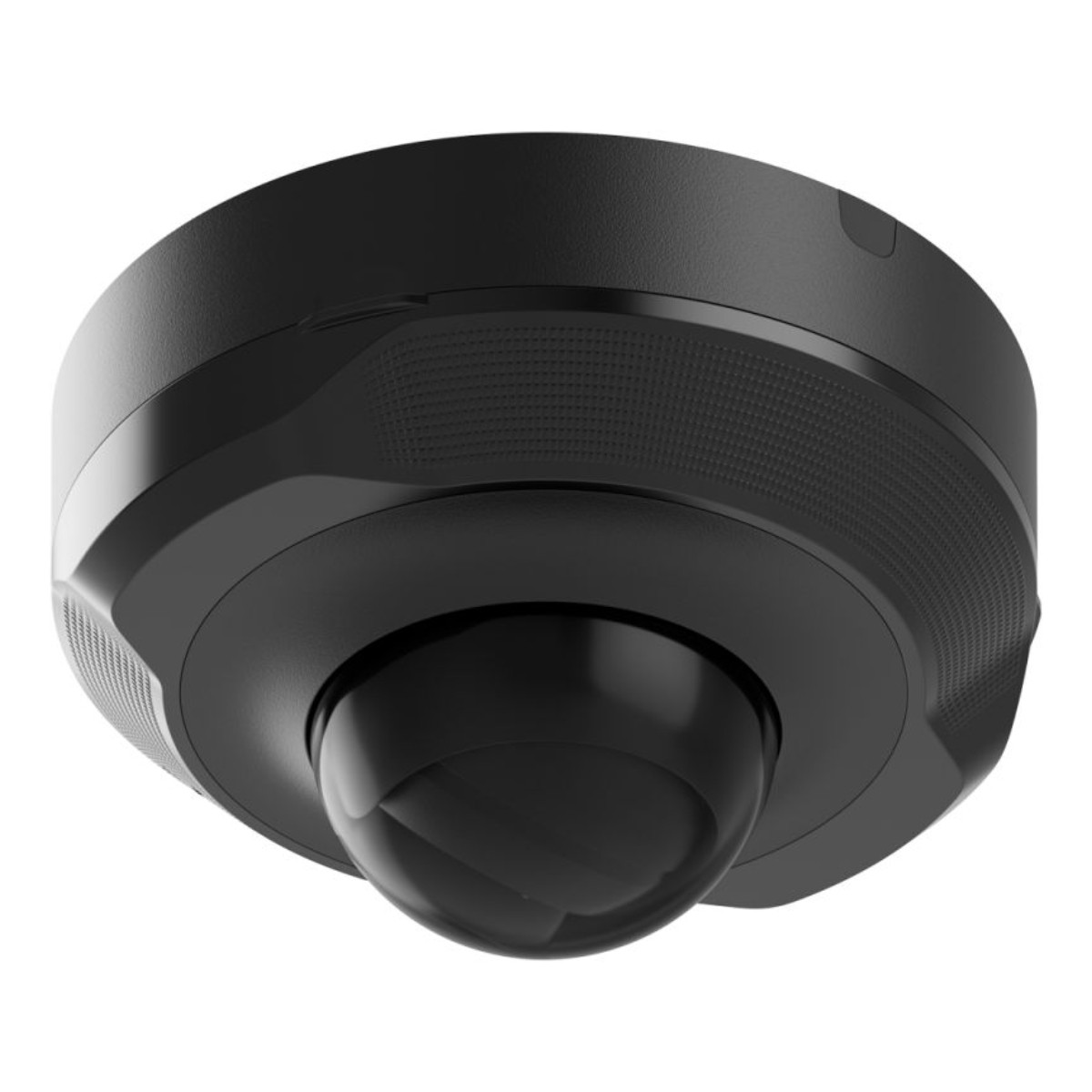 Telecamera di sicurezza a cupola nera. L'obiettivo è in un alloggiamento circolare nero.